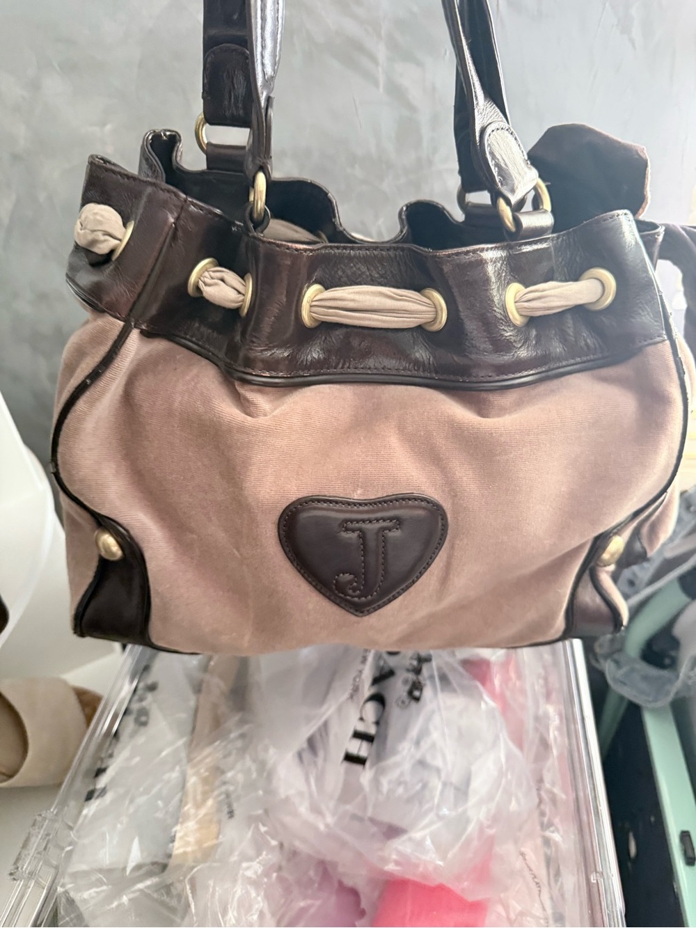 Juicy Couture Pink Suede Shoulder Bag with Brown Leather Trim - Picture 4 of 10